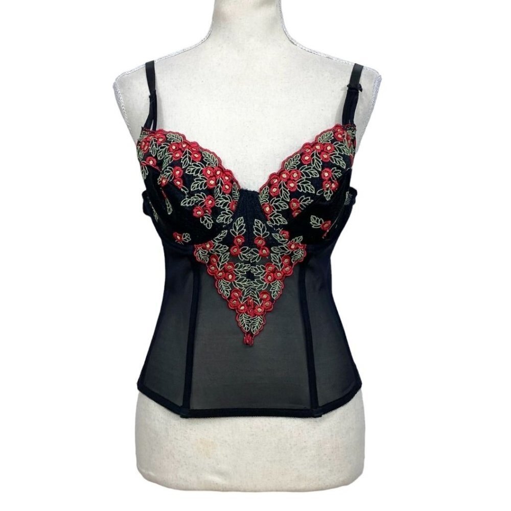 VOGUE DESSOUS BLACK SHEER MESH RED FLORAL EMBROIDERY BUSTIER CORSET - 36C